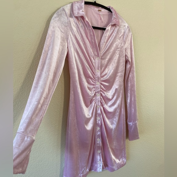 Free People Shayla Pink Velvet Ruched Front Versatile Mini Dress Size XS - Picture 4 of 6